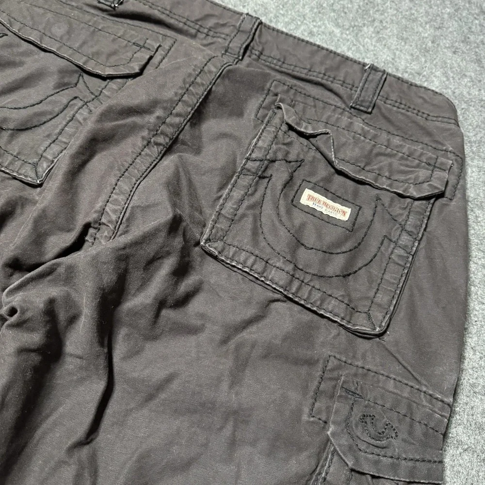 True Religion Shorts Mens 33 Faded Brown Cargo Drawstring Y2K Flap Pocket Grunge